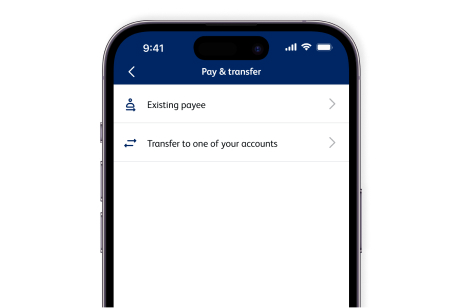 A screenshot of the Business Banking App pay and transfer page on a mobile device. It shows options to select an existing payee or transfer to one of your accounts.
