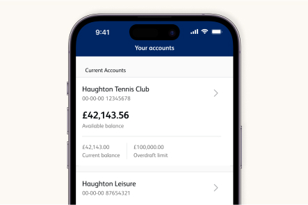 A screenshot of the Business Banking App your accounts page on a mobile device, showing details of two current accounts. The name, sort code, account number are shown for both. The available and current balance and overdraft limit are shown for the first.