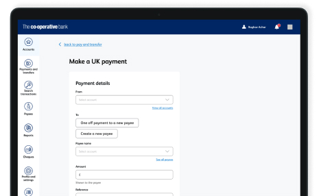 A screenshot of the Business Online Banking make a UK payment page. It shows options for the user to select the account they want to use, make a one off payment to a new payee or create a new payee, select the payee name and enter the amount and reference