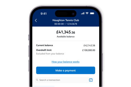 A screenshot of the Business Banking App, showing the name, sort code, account number, available balance, current balance and overdraft limit of an account. It shows options to make a payment, find out how your balance works and search a transaction.