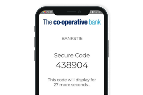A screenshot of the HID Approve mobile security app on a mobile device. It shows the Co-operative Bank logo, the name the user has given to the service, BANKST16, and a six digit secure code, 438904. It says that the code will display for 27 more seconds.